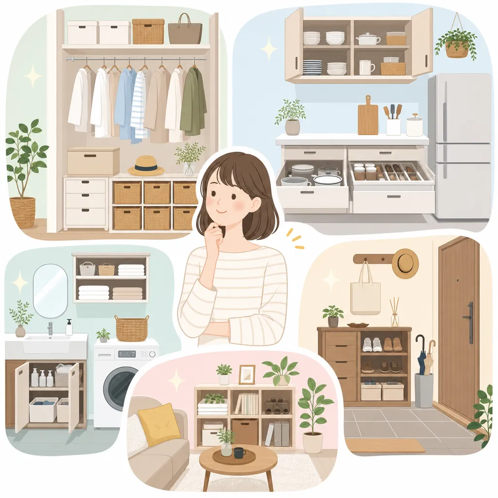 部屋の各スペースに整理整頓された荷物が収納されている様子を表すイラスト。