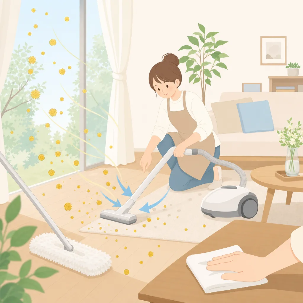 掃除機で床の花粉を吸い取る様子