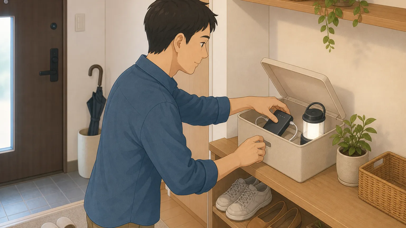 懐中電灯やろうそく、水のボトルなど停電時の必需品が机の上に整理されている様子