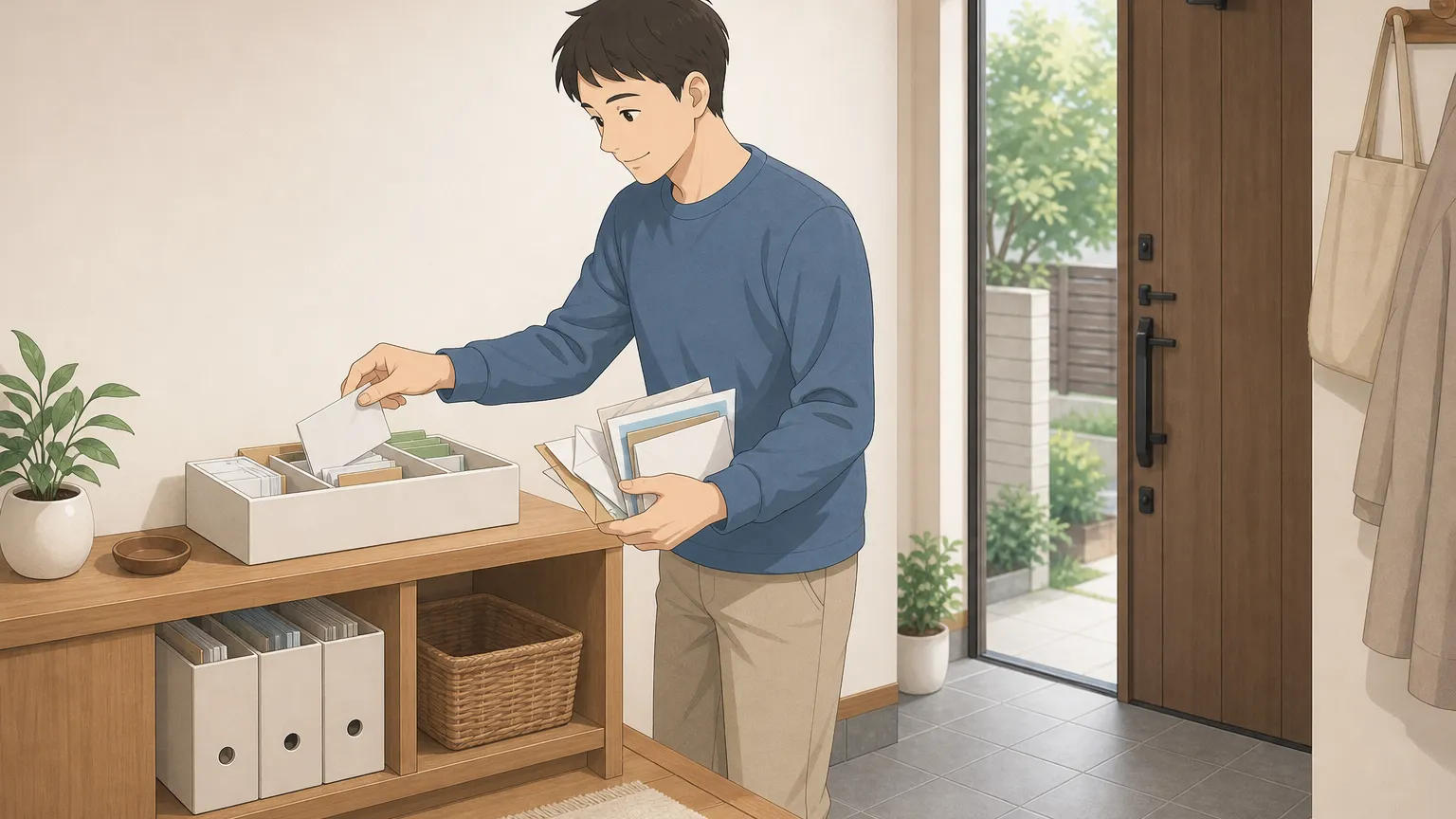 郵便物が積み重なった机の上で、手が整理してまとめている様子