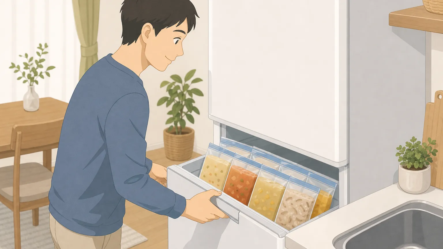 スープを冷凍保存用の容器に入れている温かみのあるイラスト