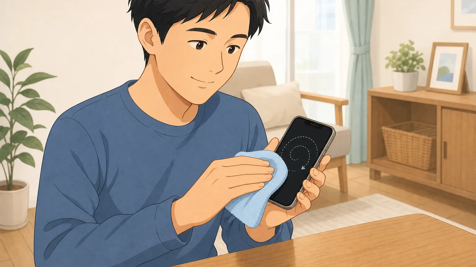 スマートフォンの画面を柔らかい布で丁寧に拭いている様子