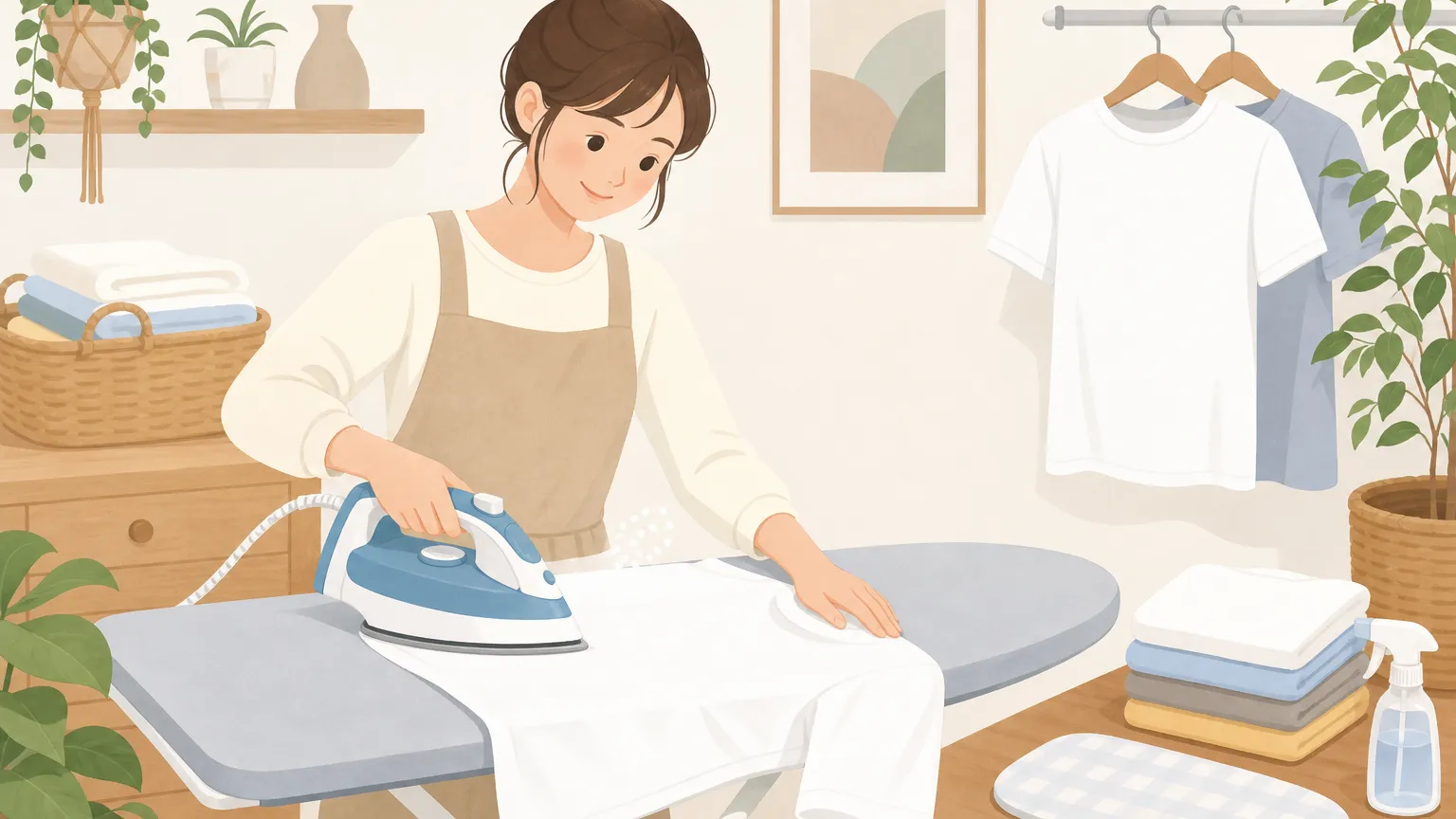 Tシャツにアイロンをかけている様子を温かみのあるフラットデザインで表現した図。