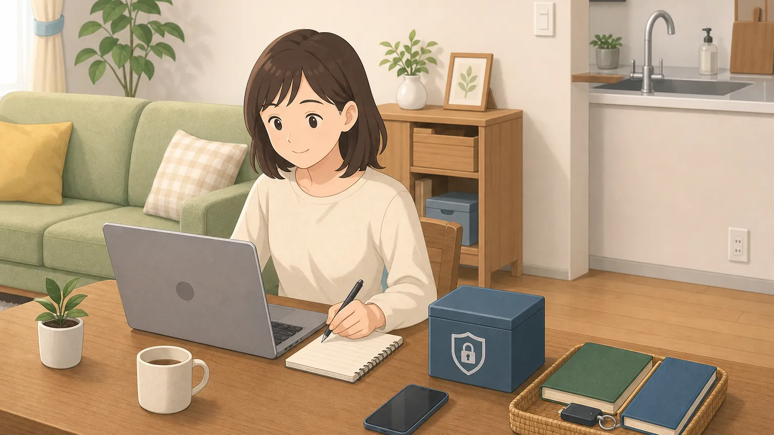 パスワード管理ツールに複数のパスワードが安全に保管されている様子を表した温かみのある図解。