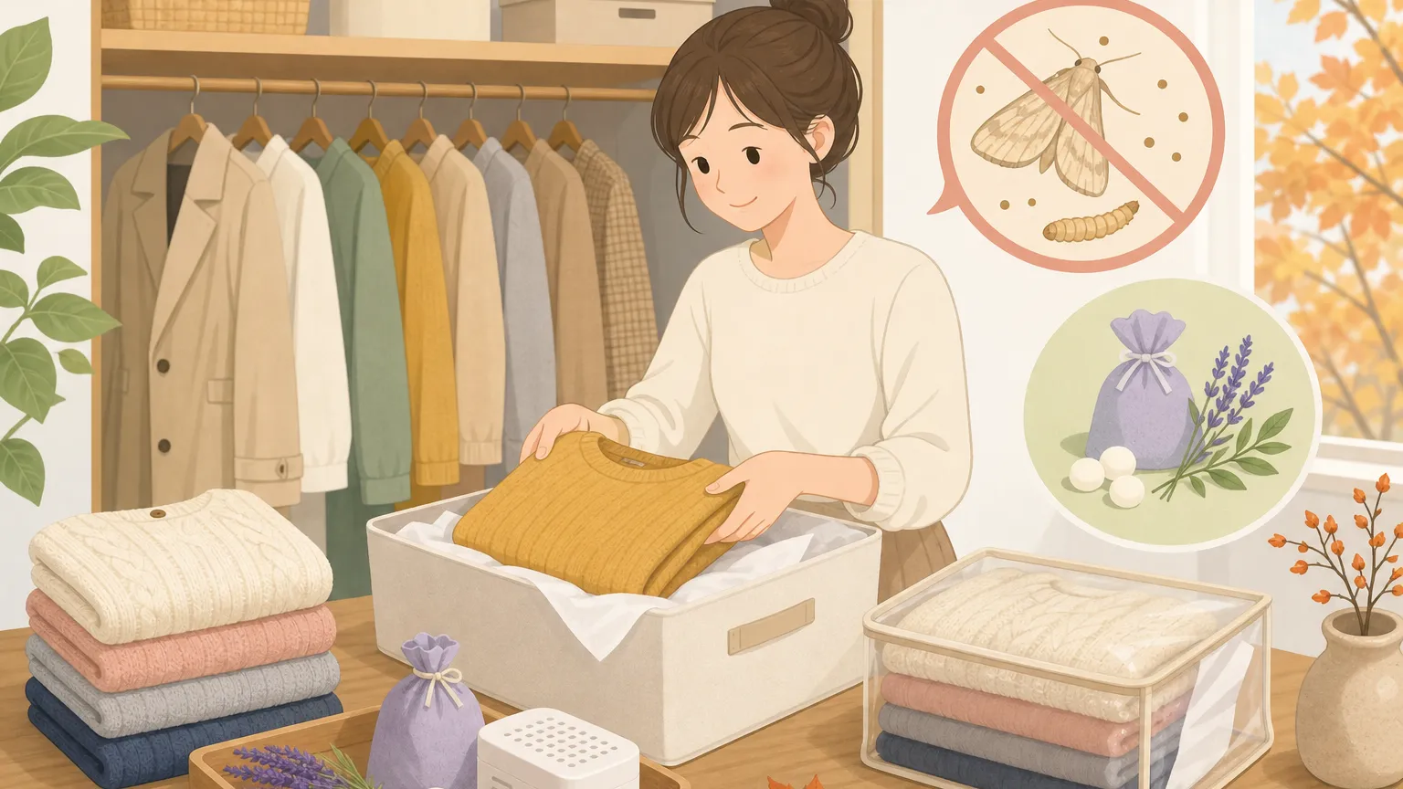 クローゼットに整理された衣類と防虫剤が置かれている秋の衣替えシーン。