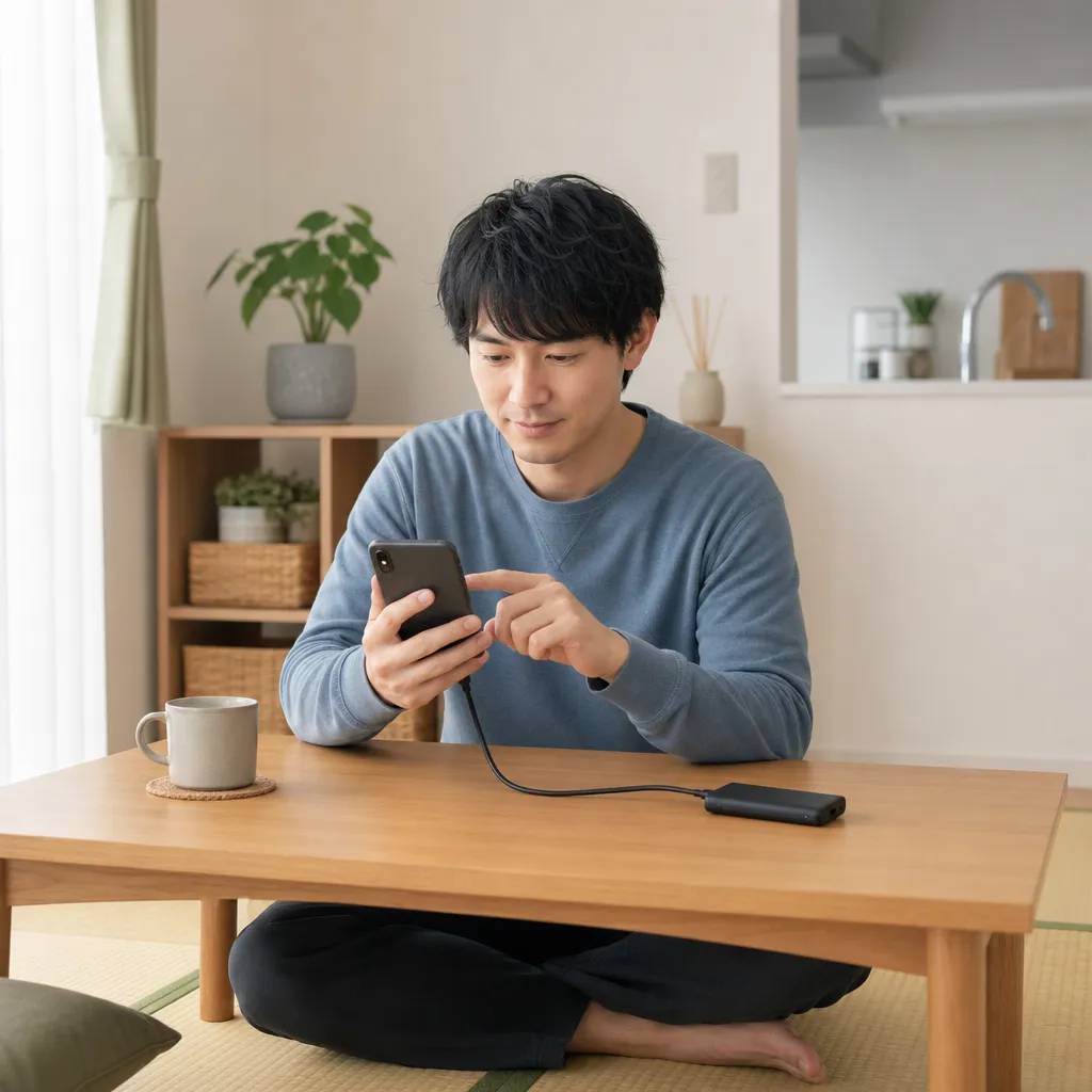 スマートフォンとポータブルSSDをケーブルで接続し、写真整理方法を検討する30代男性。