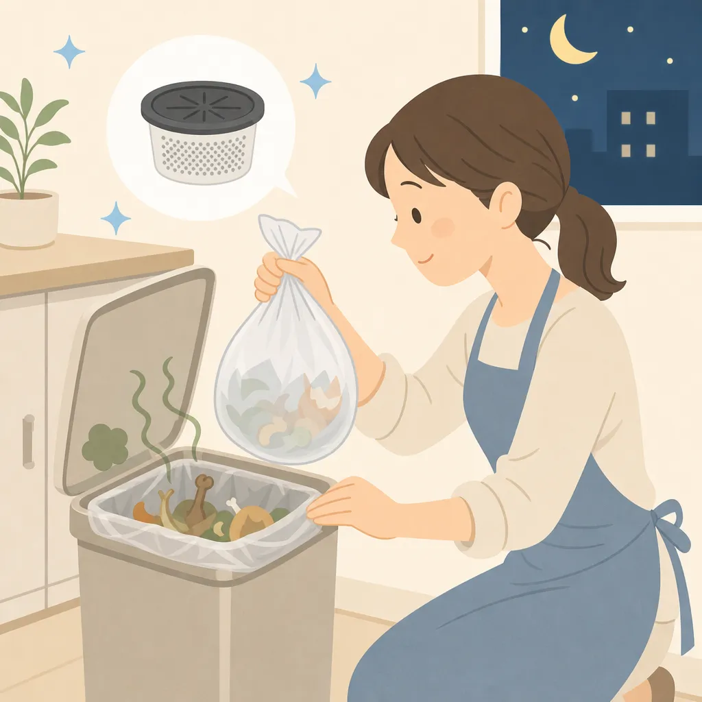 キッチンのゴミ箱に袋をかぶせて臭い対策をしている様子。