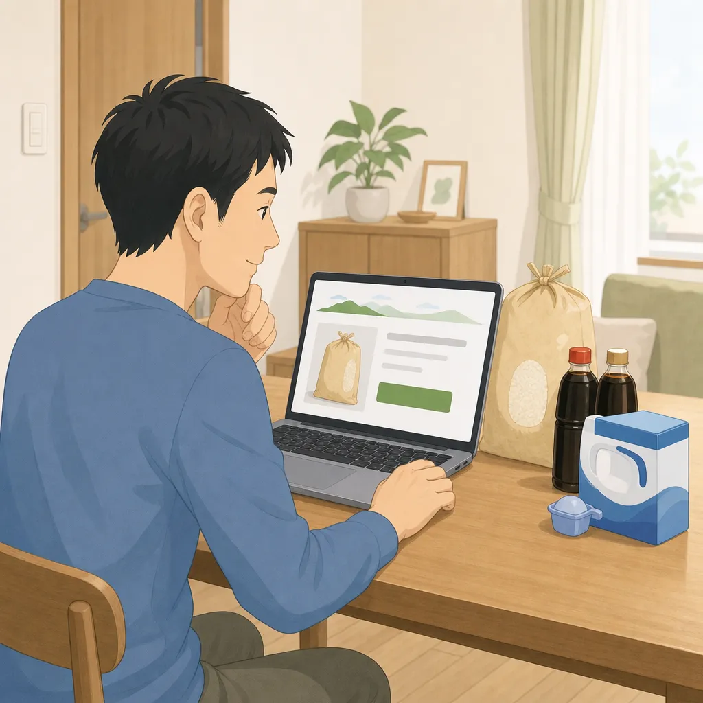 30代の男性がノートパソコンでふるさと納税サイトを見ながら、机の上に並べた米や醤油、洗剤などの返礼品を選んでいる様子。