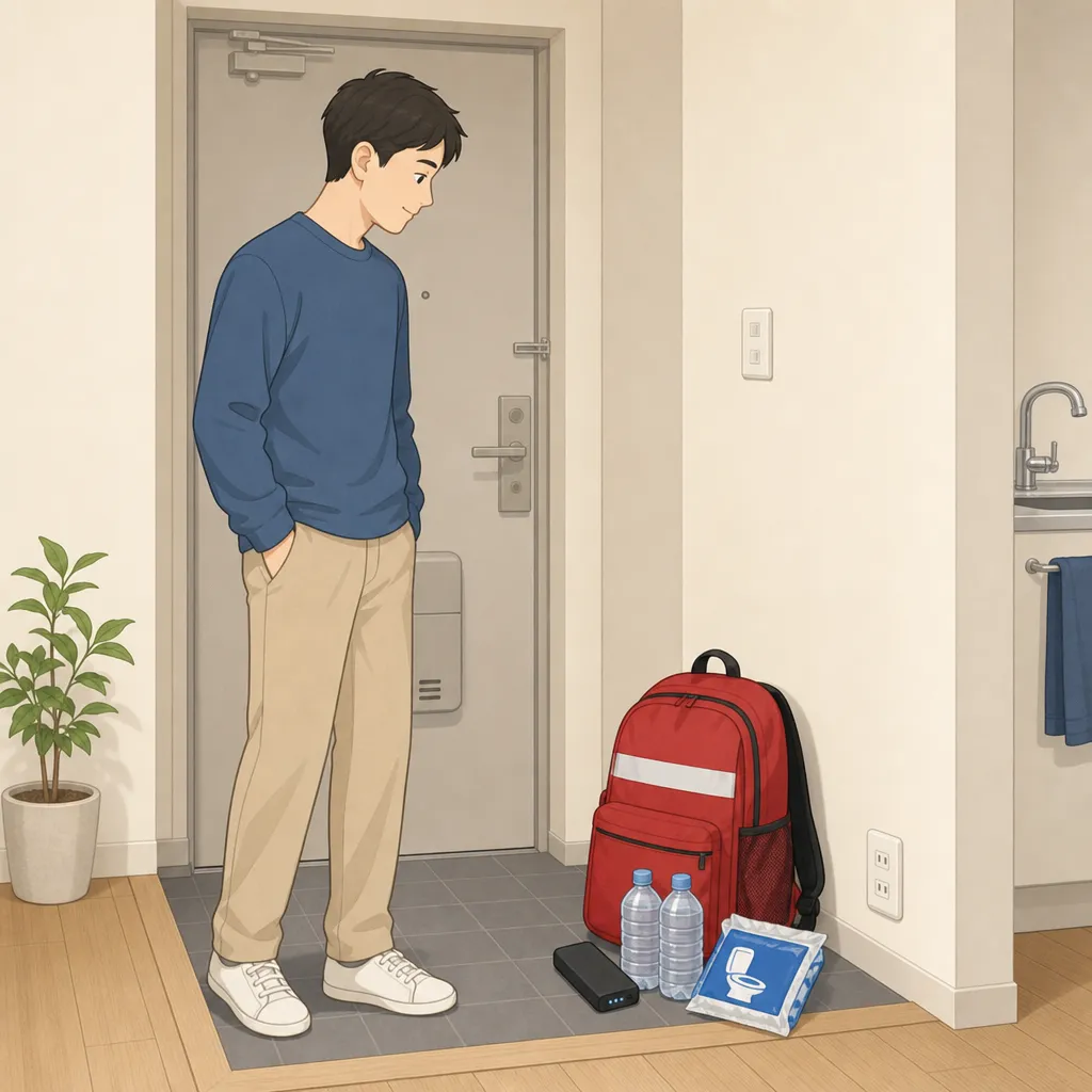玄関に置かれた赤い防災リュックを見つめる30代男性。