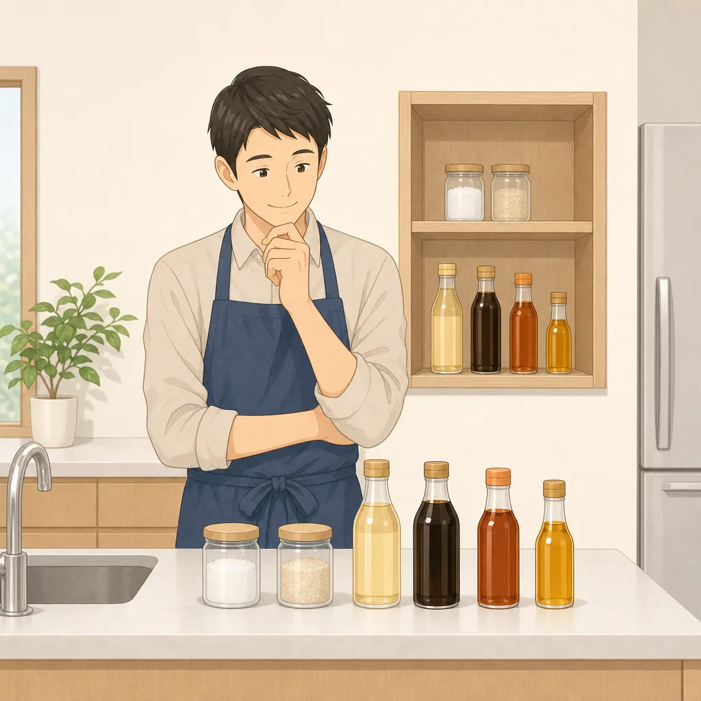 30代の男性が台所のカウンターで塩、砂糖、酢、醤油、めんつゆ、ごま油の基本調味料だけを並べている様子。