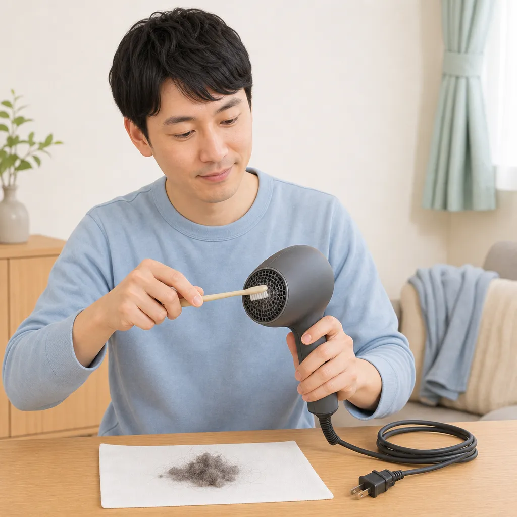 歯ブラシでドライヤーの吸気口のほこりを掃除する男性の手元のアップ。