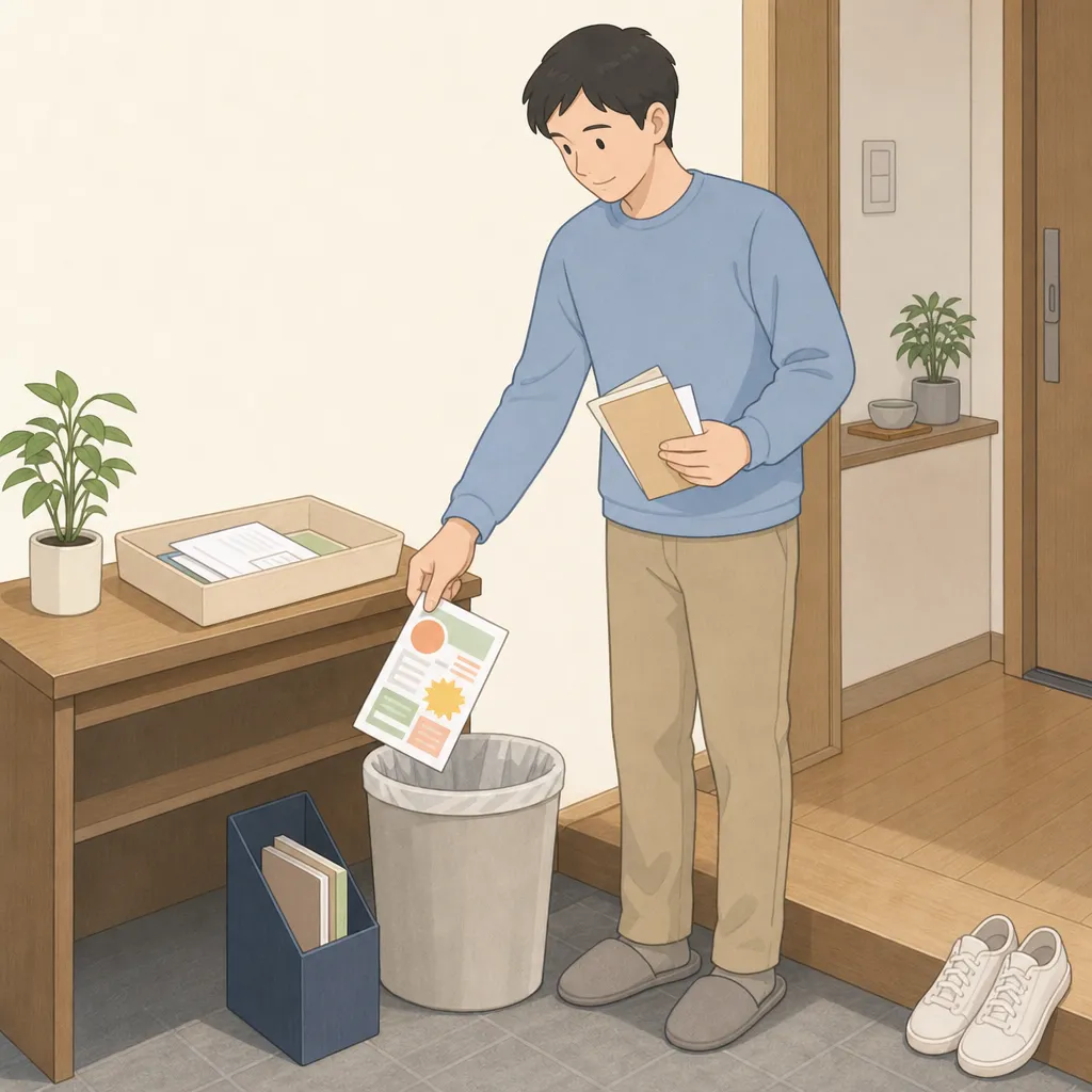 玄関の小さなテーブルに仕分けトレーを置き、30代男性が不要なチラシをゴミ箱に入れながら郵便物を整理している場面。