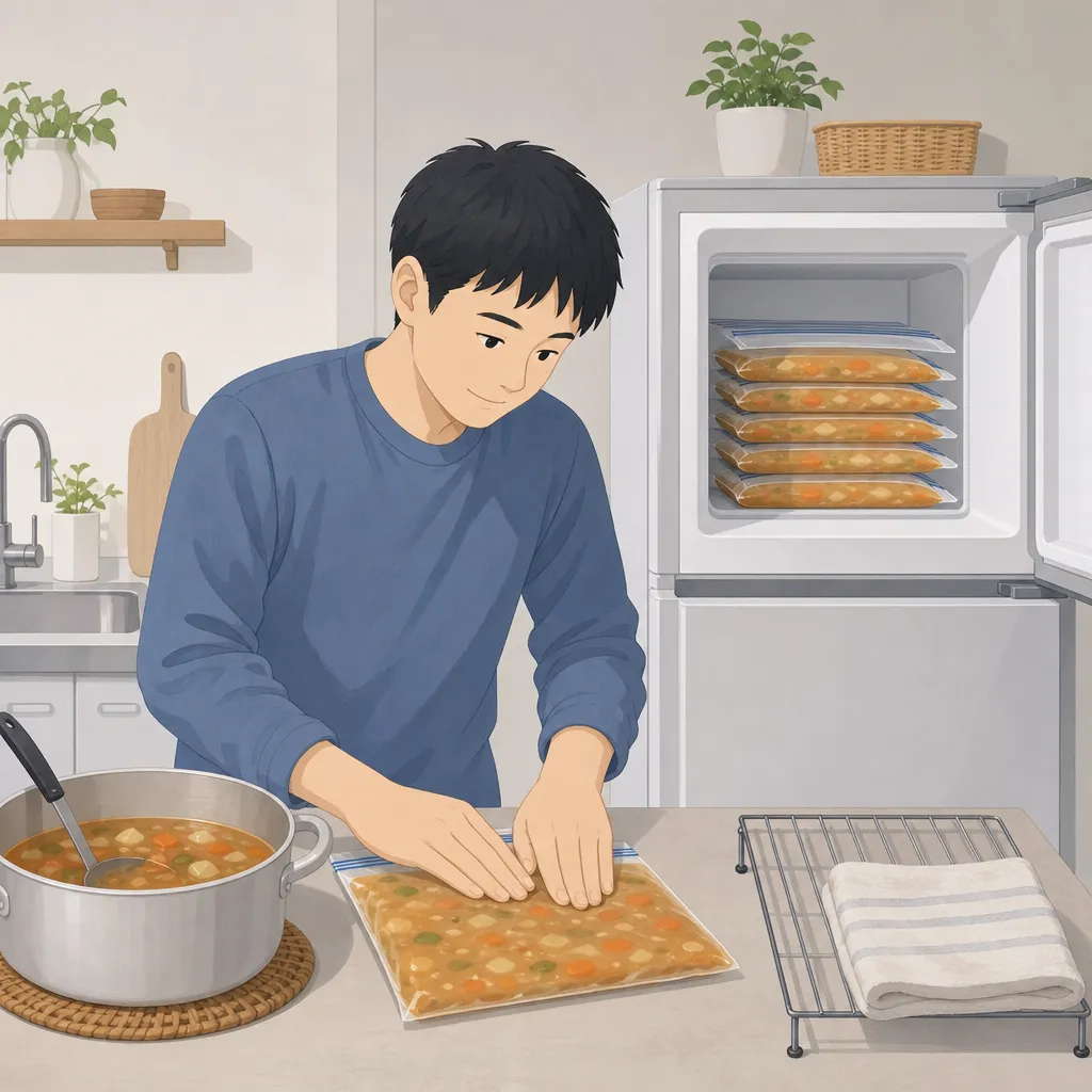 スープを入れたジッパー付き冷凍袋から空気を抜きながら平らに冷凍する男性と、冷蔵庫の冷凍室に積み重ねられた複数の平らな冷凍