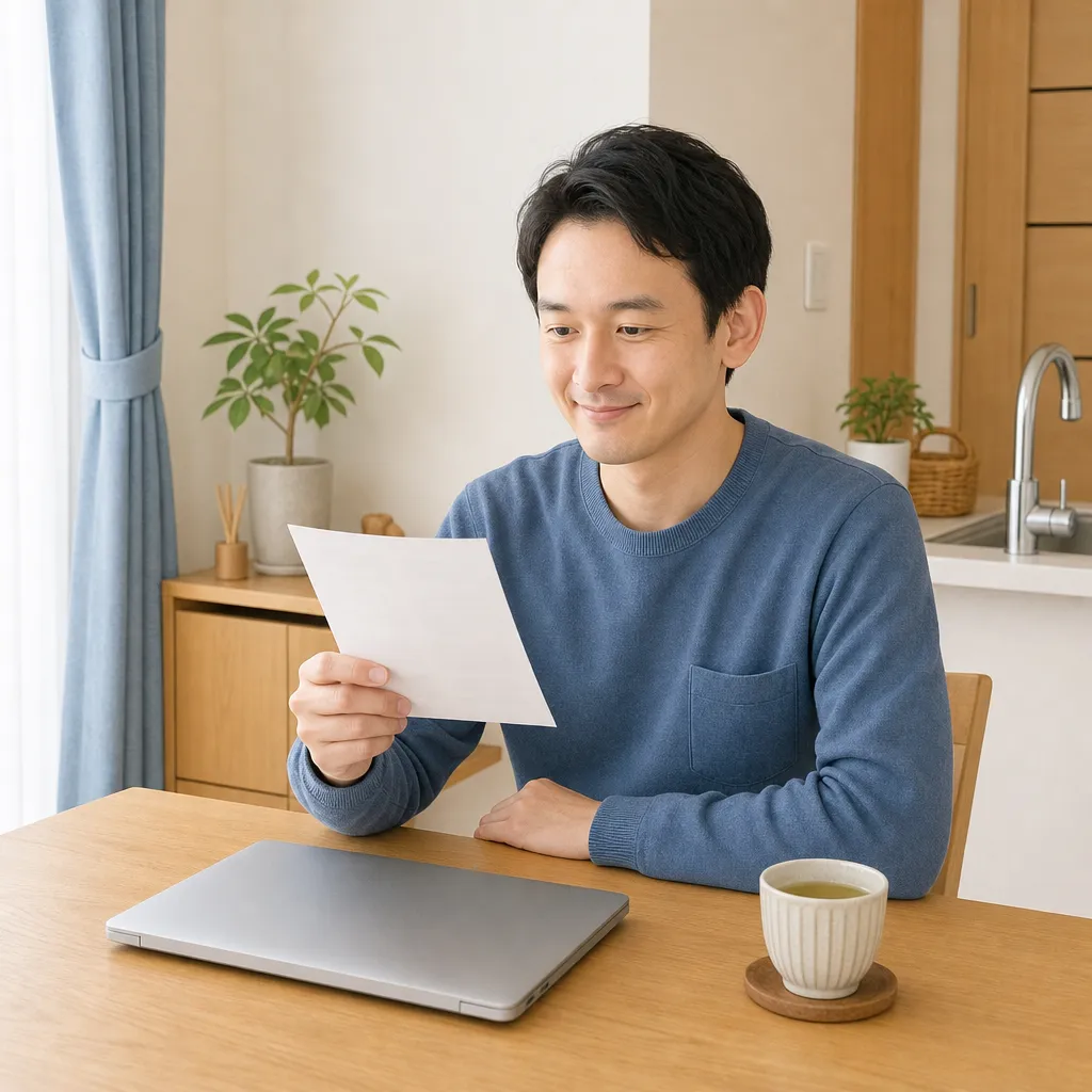 30代の男性が机に座り、閉じたノートパソコンの横の紅茶を前に、電気料金の紙を手に満足気に眺めている。