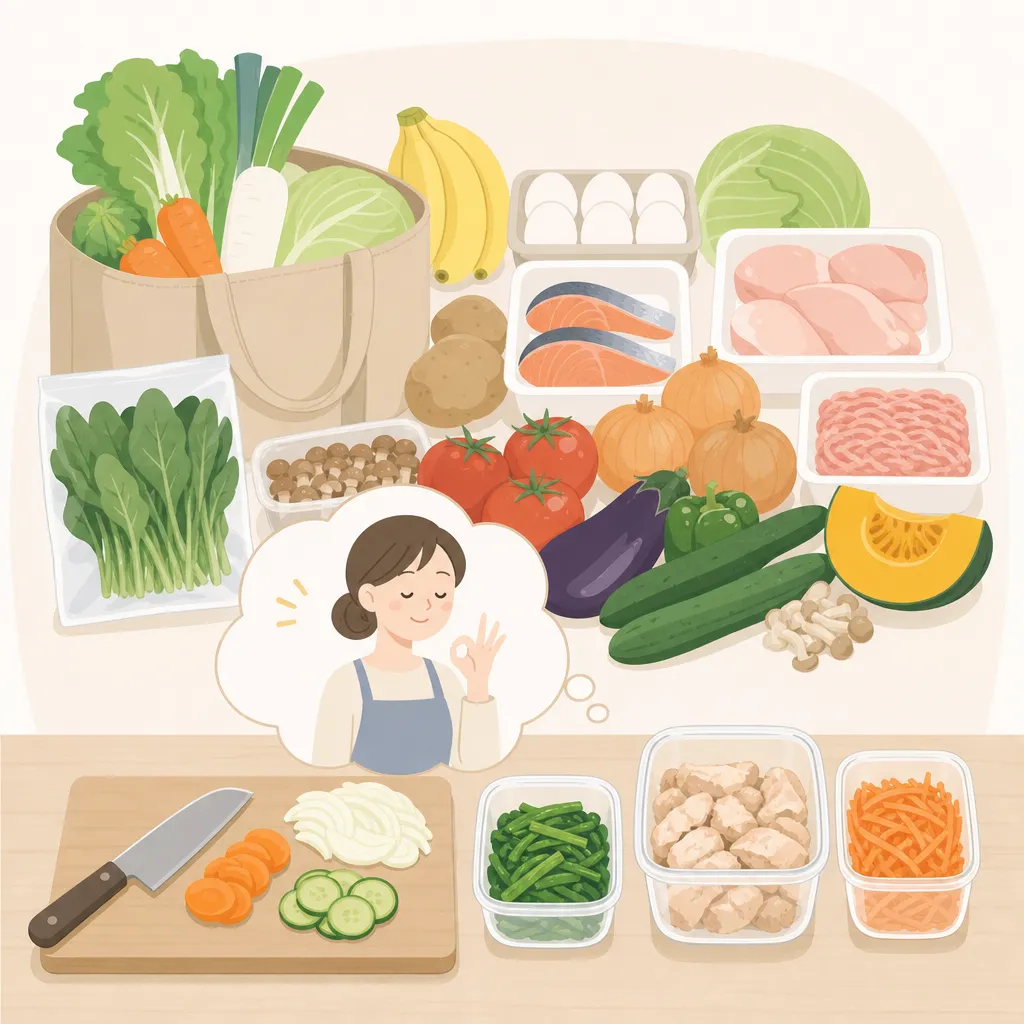食材をまな板の上に並べ、最小限の下準備で調理する様子を描いたシンプルなイラスト。