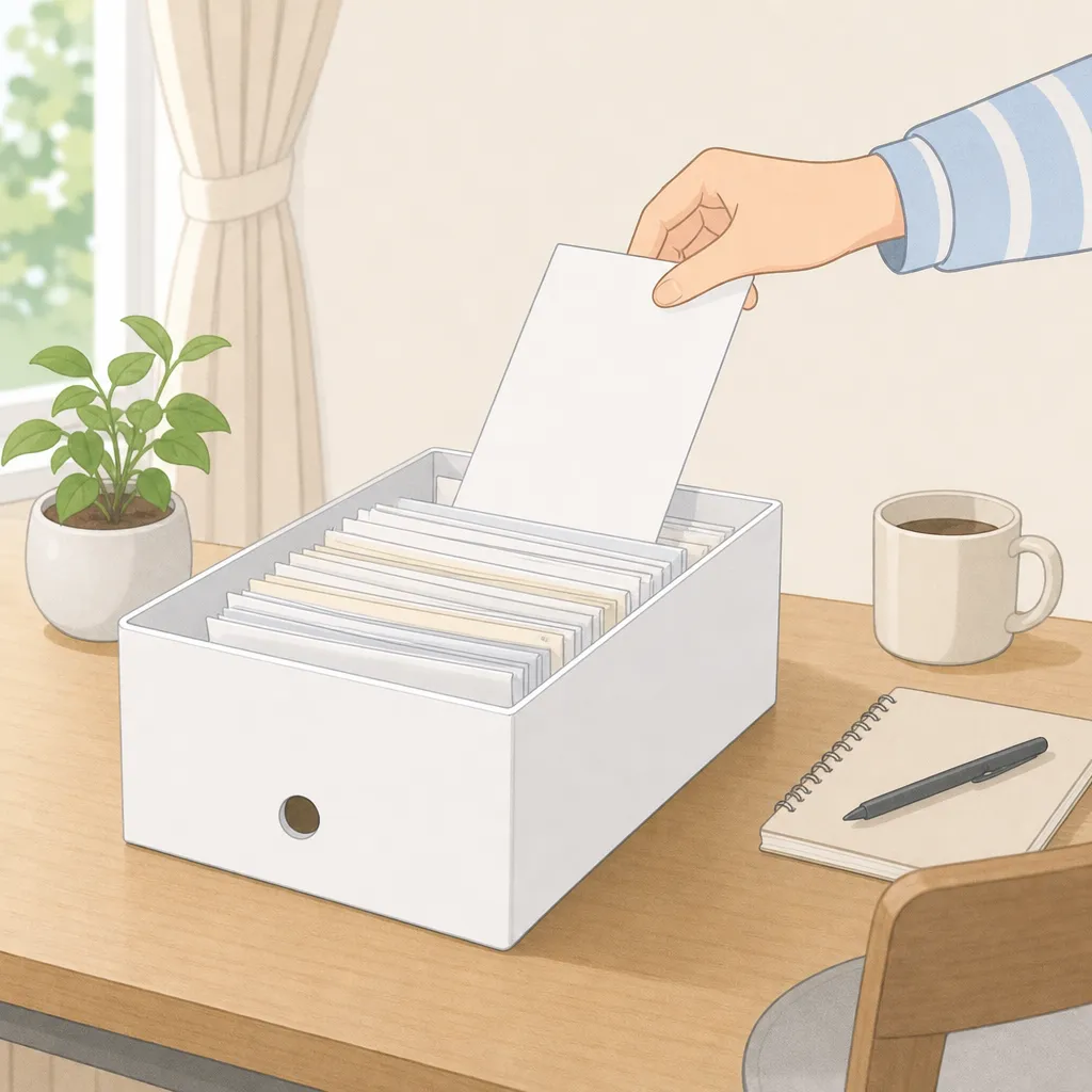 机の上の100円ショップのファイルボックスに、時系列で積み重ねた書類を手で入れている場面。