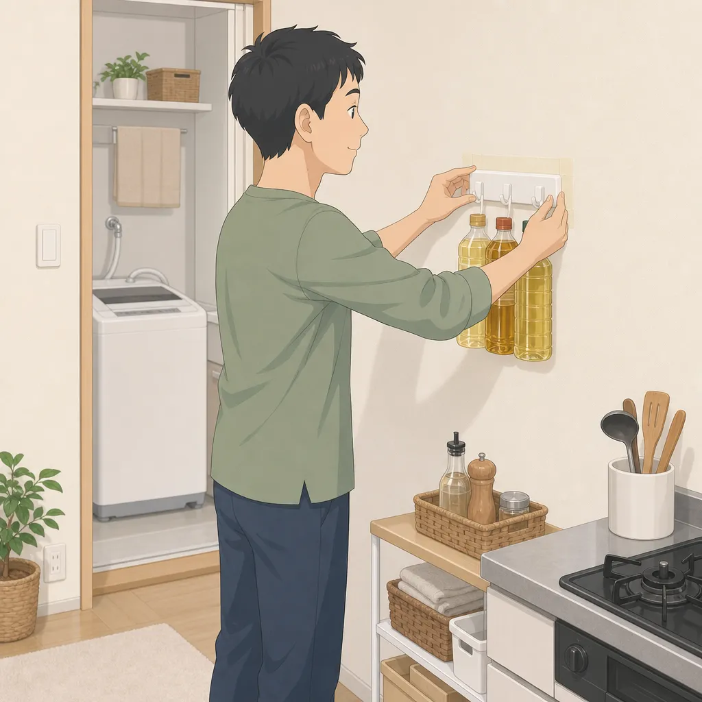 30代の男性が、マスキングテープと両面テープを使って賃貸住宅の壁に軽いフックを取り付け、調理油のボトルを数本吊るしている