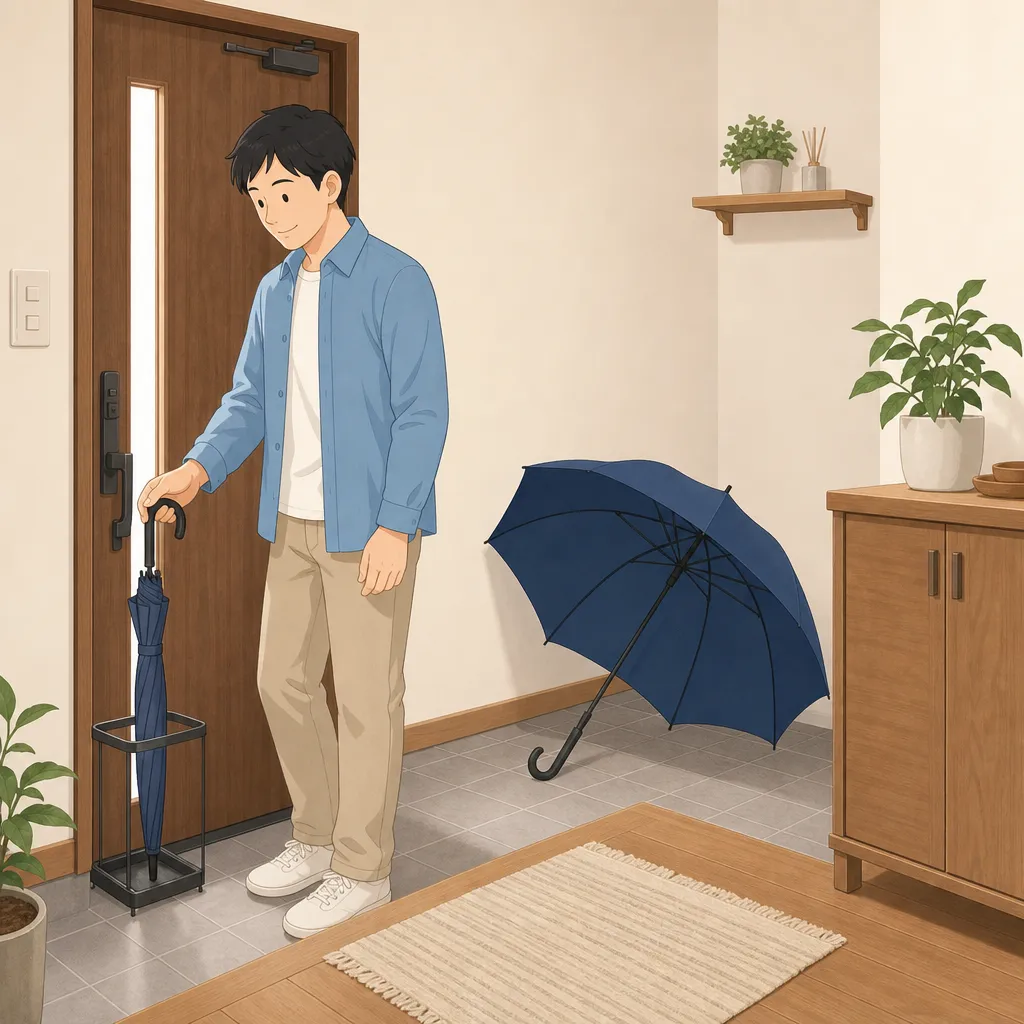 30代の男性が玄関で傘を広げたまま壁に立てかけ、自然乾燥させている光景。