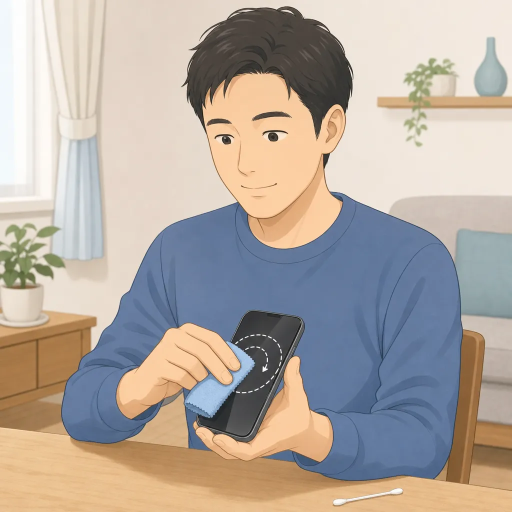 スマートフォンの画面を、マイクロファイバークロスで中心から外側へ向かって円を描くように優しく拭く男性の手元。