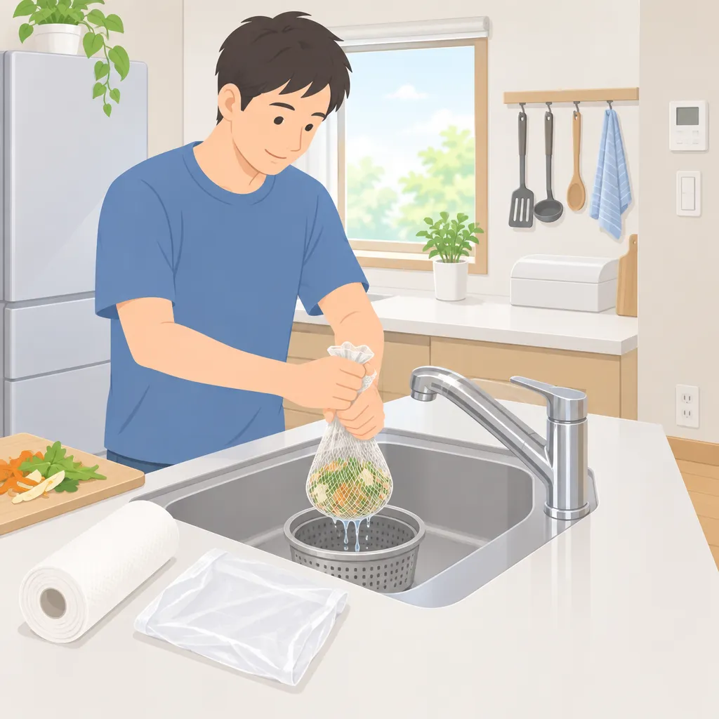 30代の男性がキッチンシンクで水切りネットを使い、野菜くずの水を絞り出している夏の生ゴミ対策の場面。