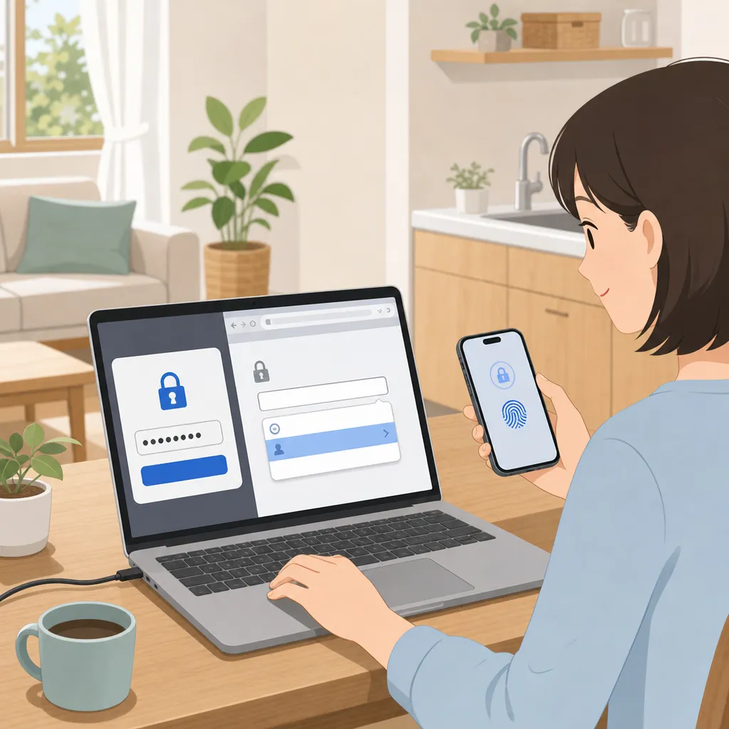パスワードマネージャーのマスターパスワード入力と指紋認証による二段階認証でログイン情報を安全に管理する場面。