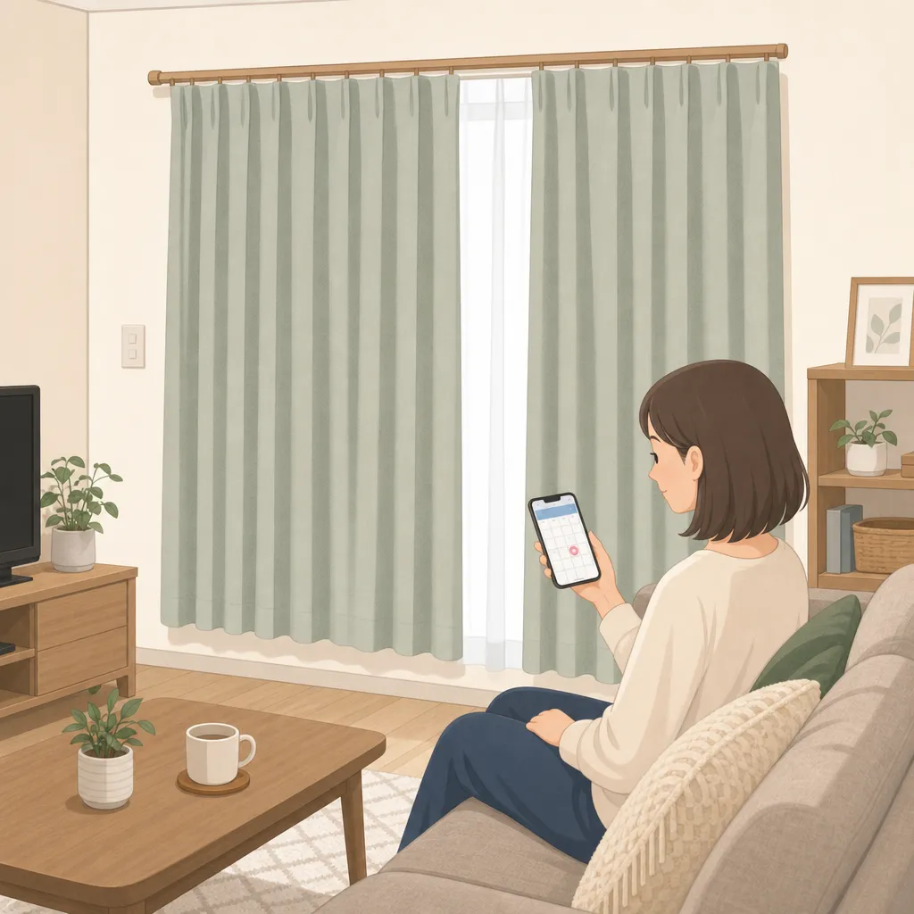 洗濯後の湿ったカーテンをレールに戻して乾かしながら、スマホのカレンダー通知を確認する人