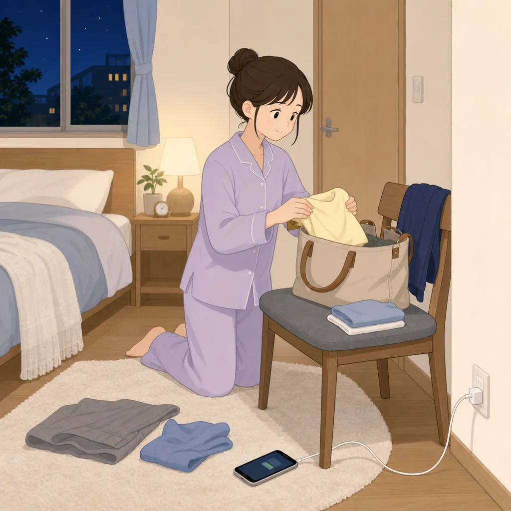 寝る前に翌日の服とバッグを用意しながら、壁のコンセントにつないだスマートフォンを充電している人。