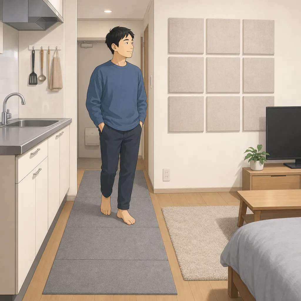 キッチンからリビングへの通路に防音マットを敷き、壁にはテレビの横に吸音パネルを設置した部屋で、裸足で歩く30代男性。