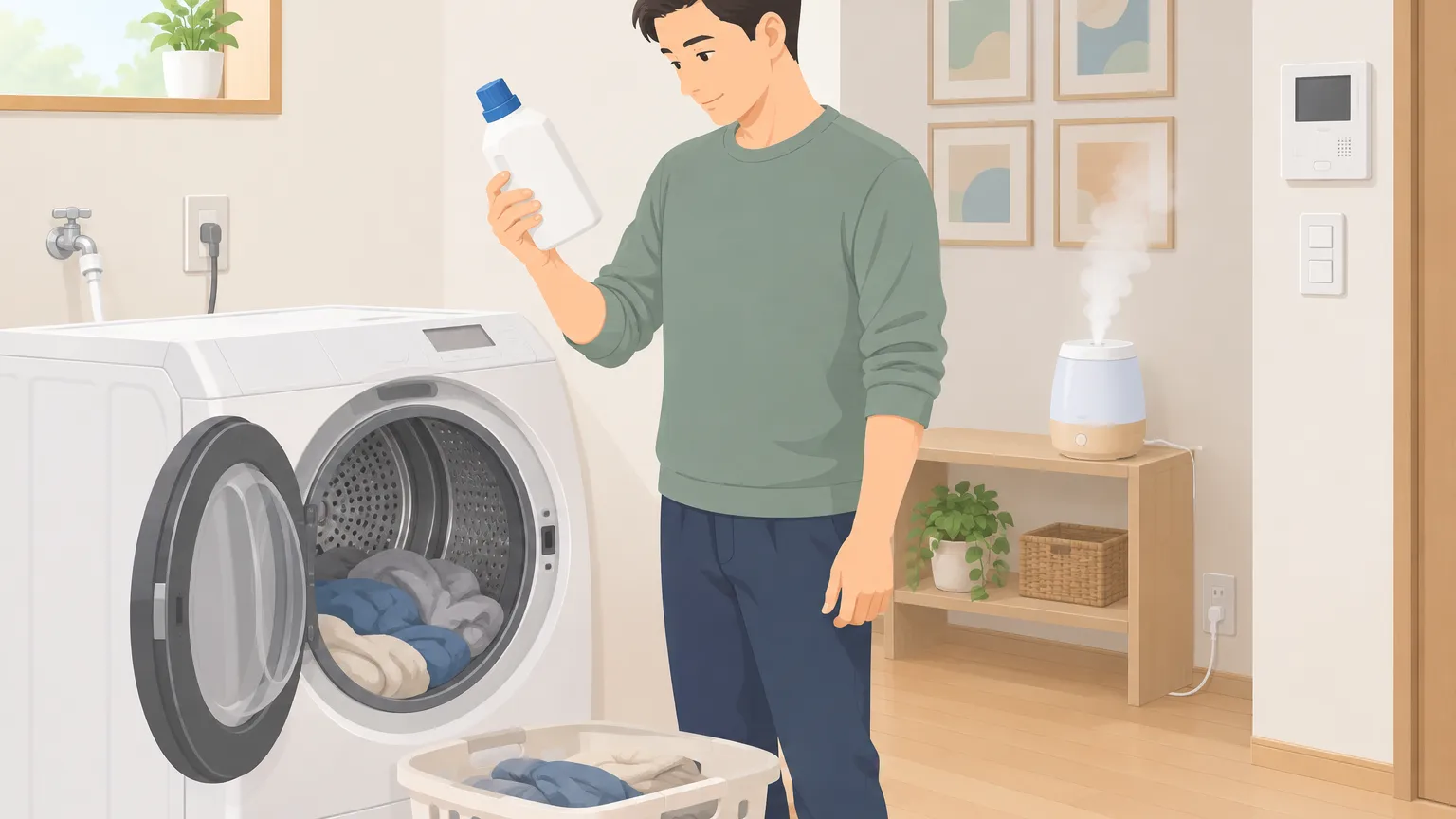 柔軟剤を使わないことで生じる衣類の変化を表す、洗濯物と疑問符のイラスト