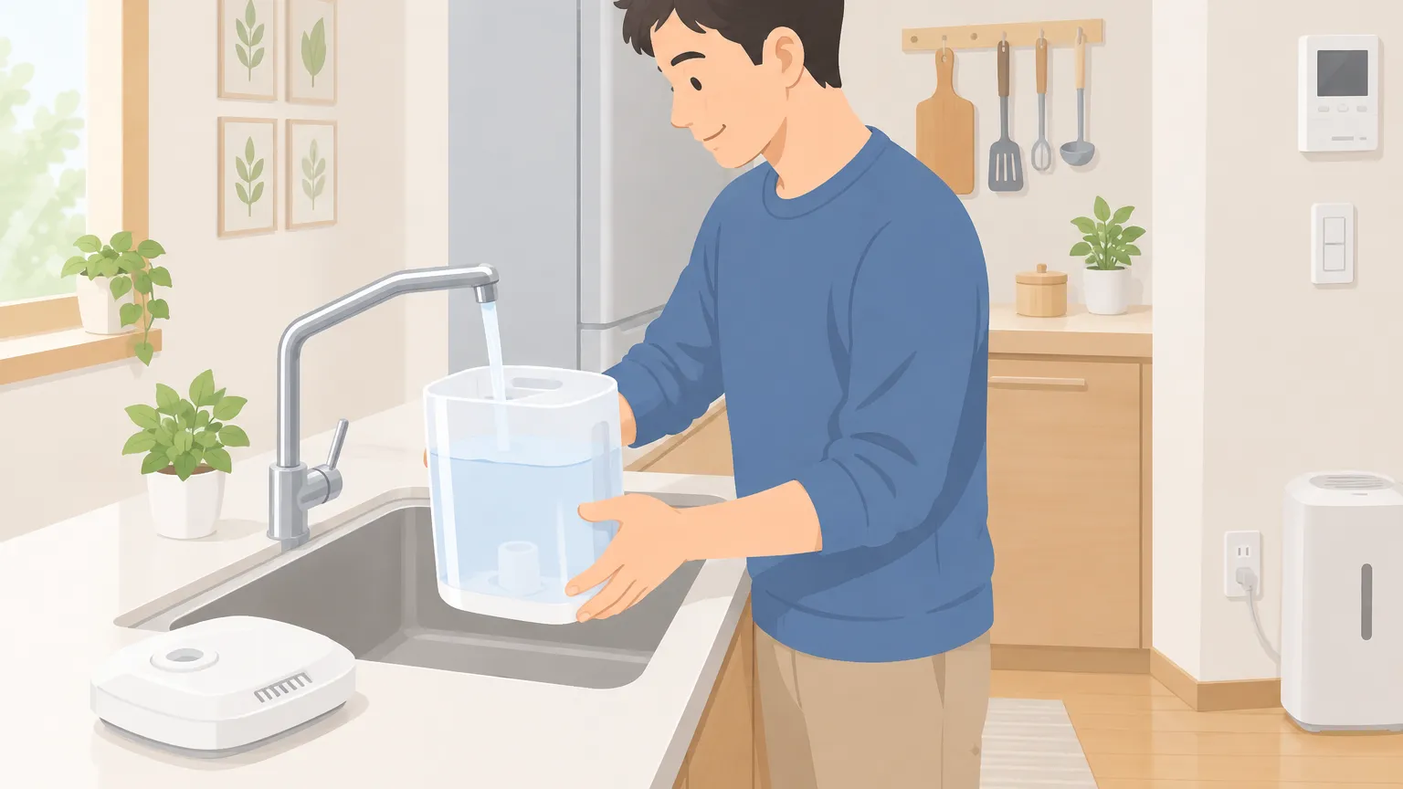 加湿器に水を注ぎ入れる手と、清潔に保たれた加湿器のイラスト。