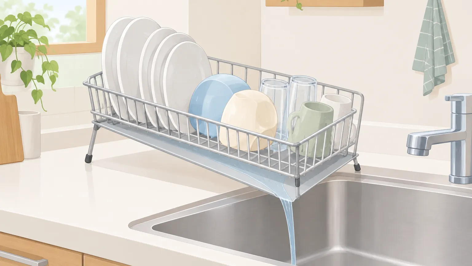 食器かごの水垢やぬめりを防ぐため、通風性と清潔さを保つ工夫を示す様子