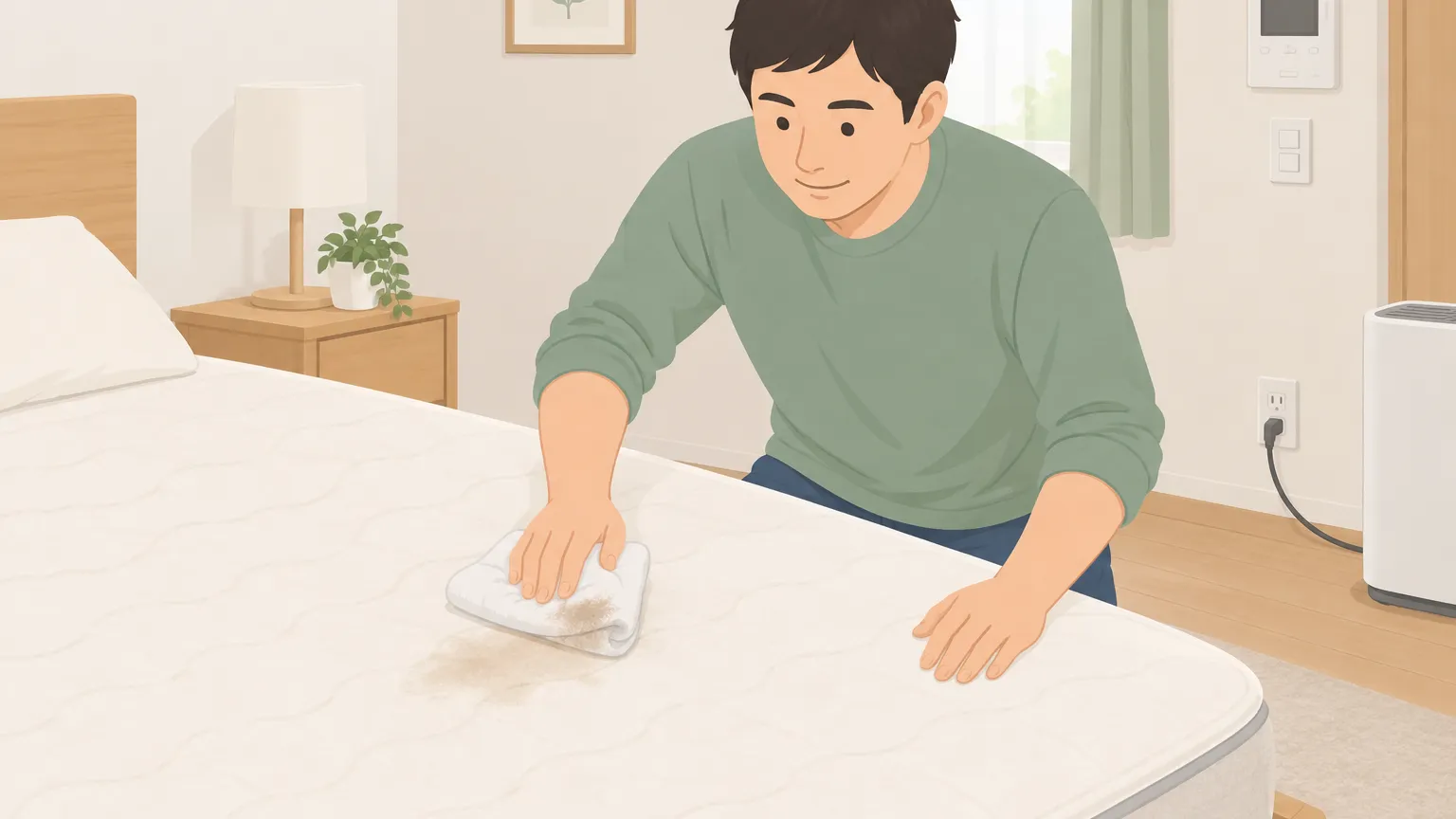 マットレスにシミが付いており、スプレーボトルと布で清掃している様子を表したイラスト。