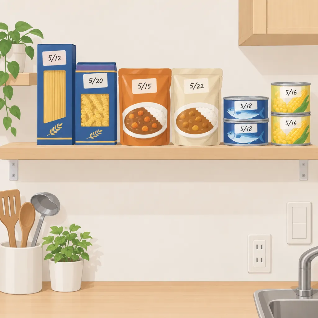 キッチンの棚に並んだパスタ、レトルトカレー、缶詰などの食料品に日付が記された日常のローリングストック。