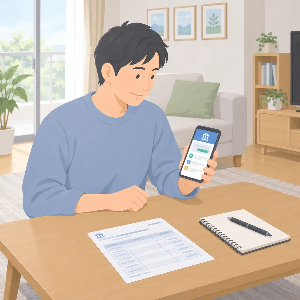 30代の男性が机に座り、スマートフォンの銀行アプリと手書きの家計簿ノート、クレジットカードを前に月次の家計を確認している