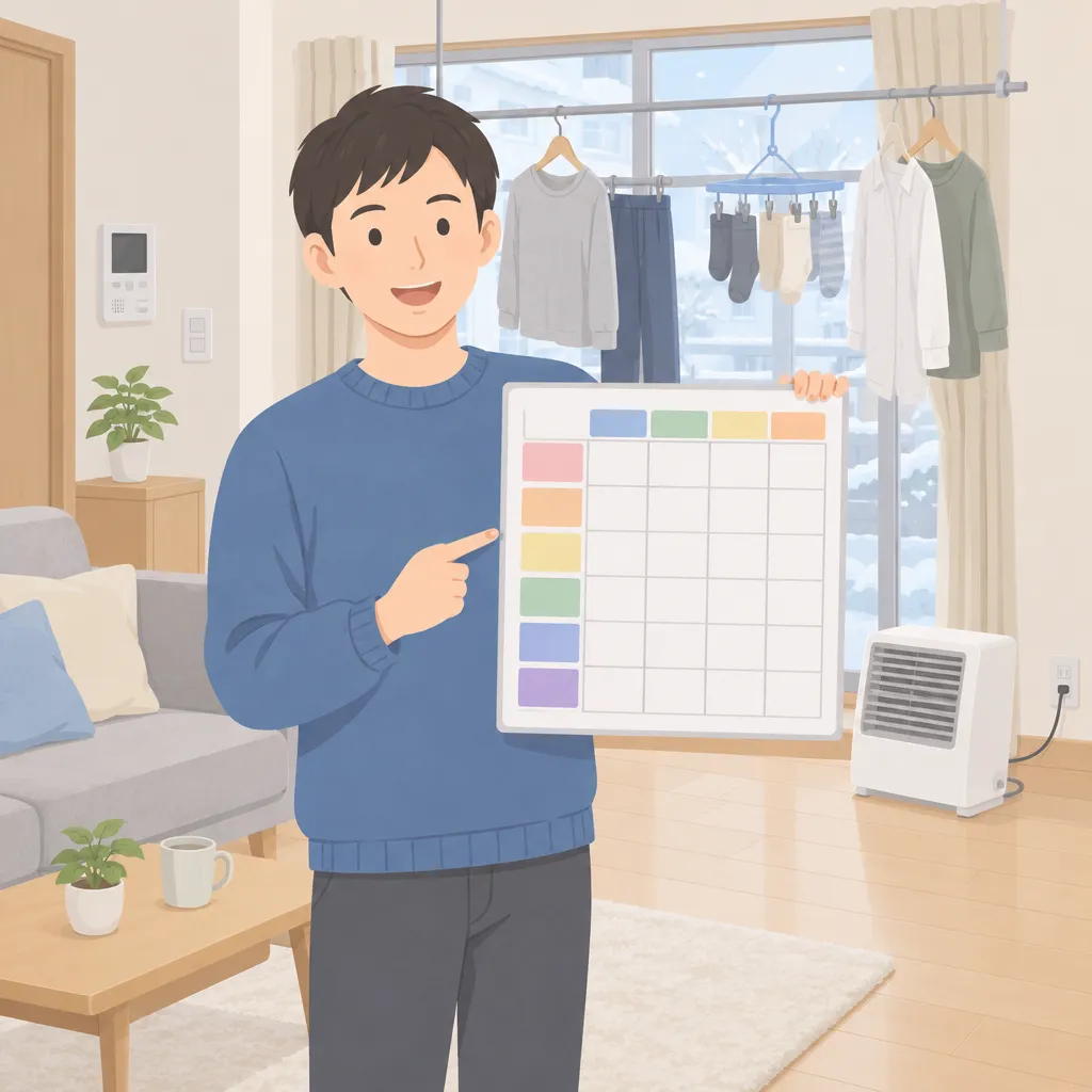 冬の室内干しを早くする6つの方法を手間・費用・弱点で比較した表。