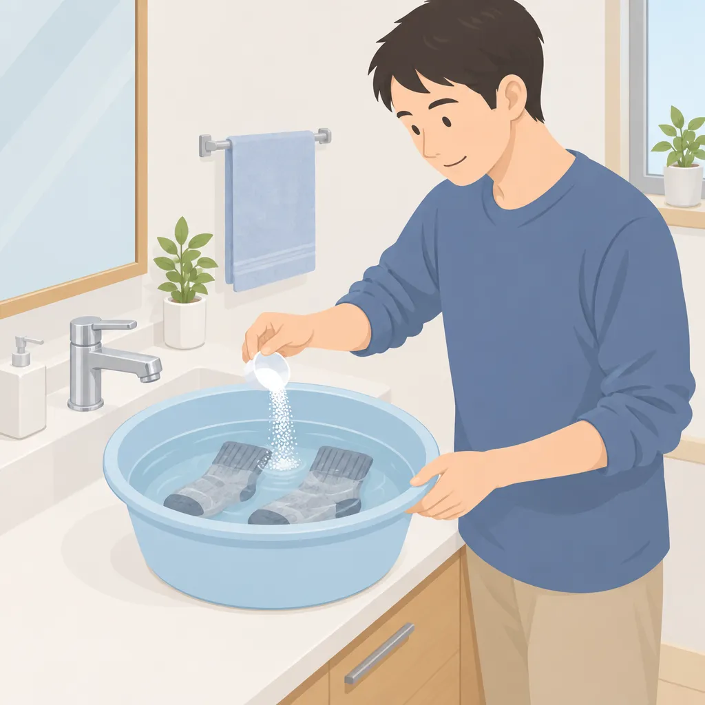酸素系漂白剤を溶かした温水の洗面器に、裏返した靴下を浸す30代男性。