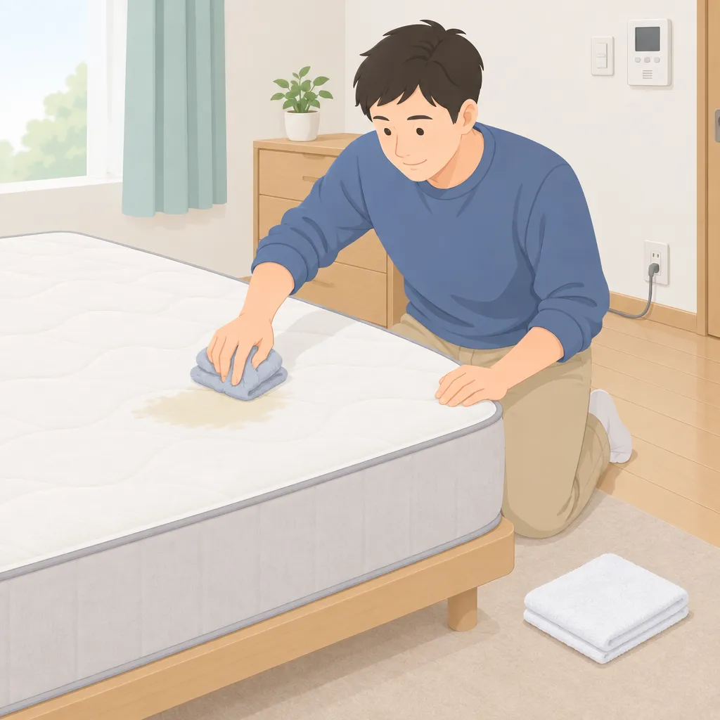 30代の男性がマットレスの汚れを絞ったタオルで優しく叩いて落としている場面。