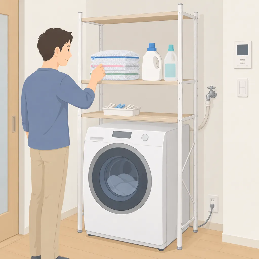 洗濯機上に置かれたラックの中段に洗濯ネットと洗剤・漂白剤、下段に洗濯ばさみが整理されている。