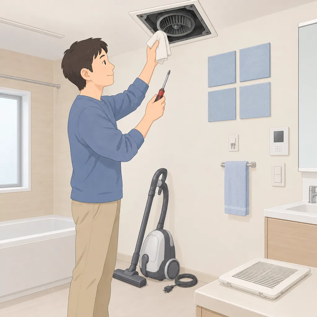 30代の男性が浴室の換気扇カバーを外し、乾いた布とドライバーを持ちながら安全な清掃と増し締めを行っている様子。