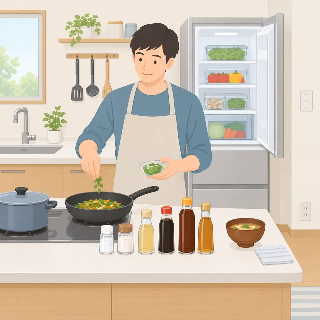 30代の男性がキッチンで、塩や砂糖、酢、醤油、めんつゆ、ごま油などの調味料と、フライパンと鍋とお椀を並べて整理している様