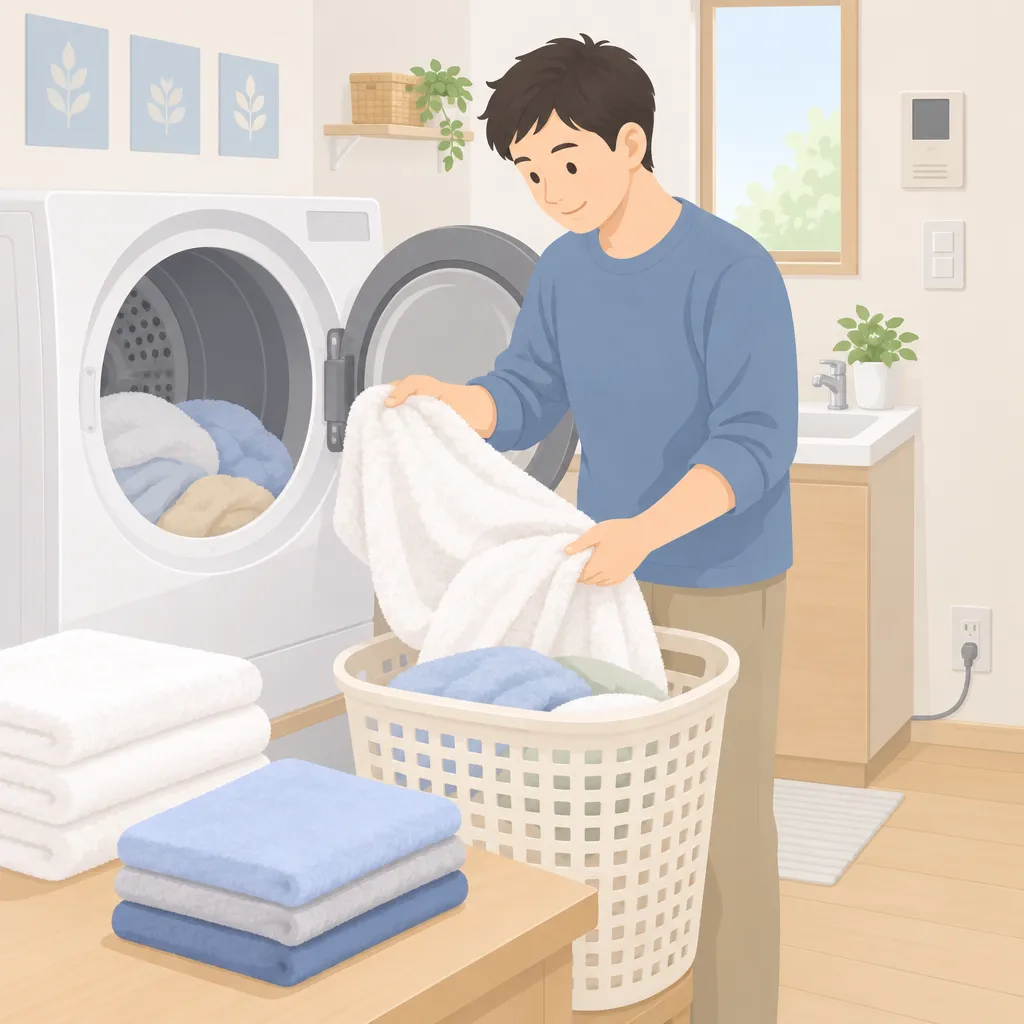 30代男性が乾燥機からふんわりした衣類とタオルをかごに移す、柔軟剤を使わない洗濯の結果を示す家庭用洗濯室の風景。