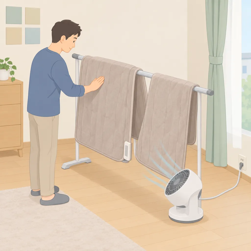 電気毛布をM字型の干し竿に広げ、扇風機の風を当てながら乾き具合を確認する男性。