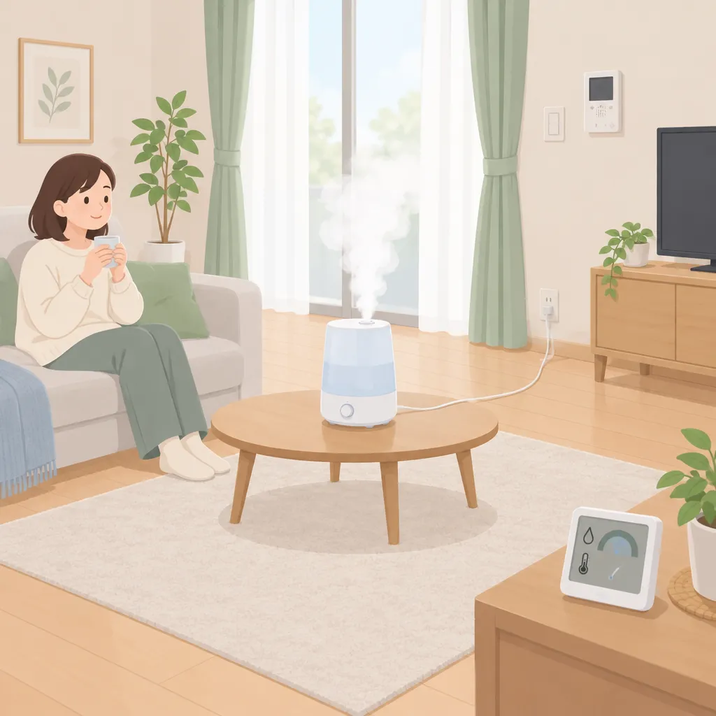 寝室でスチーム式加湿器を使い、湿度計で50%の湿度管理をしている30代男性。
