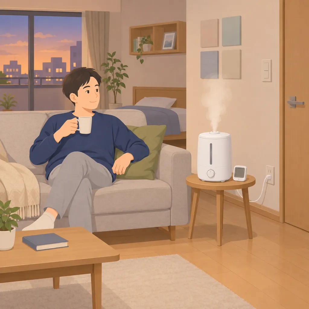 仕事帰りの夜、ソファでくつろぐ30代男性のそばで、スチーム式加湿器が湯気を出して部屋を加湿している様子。
